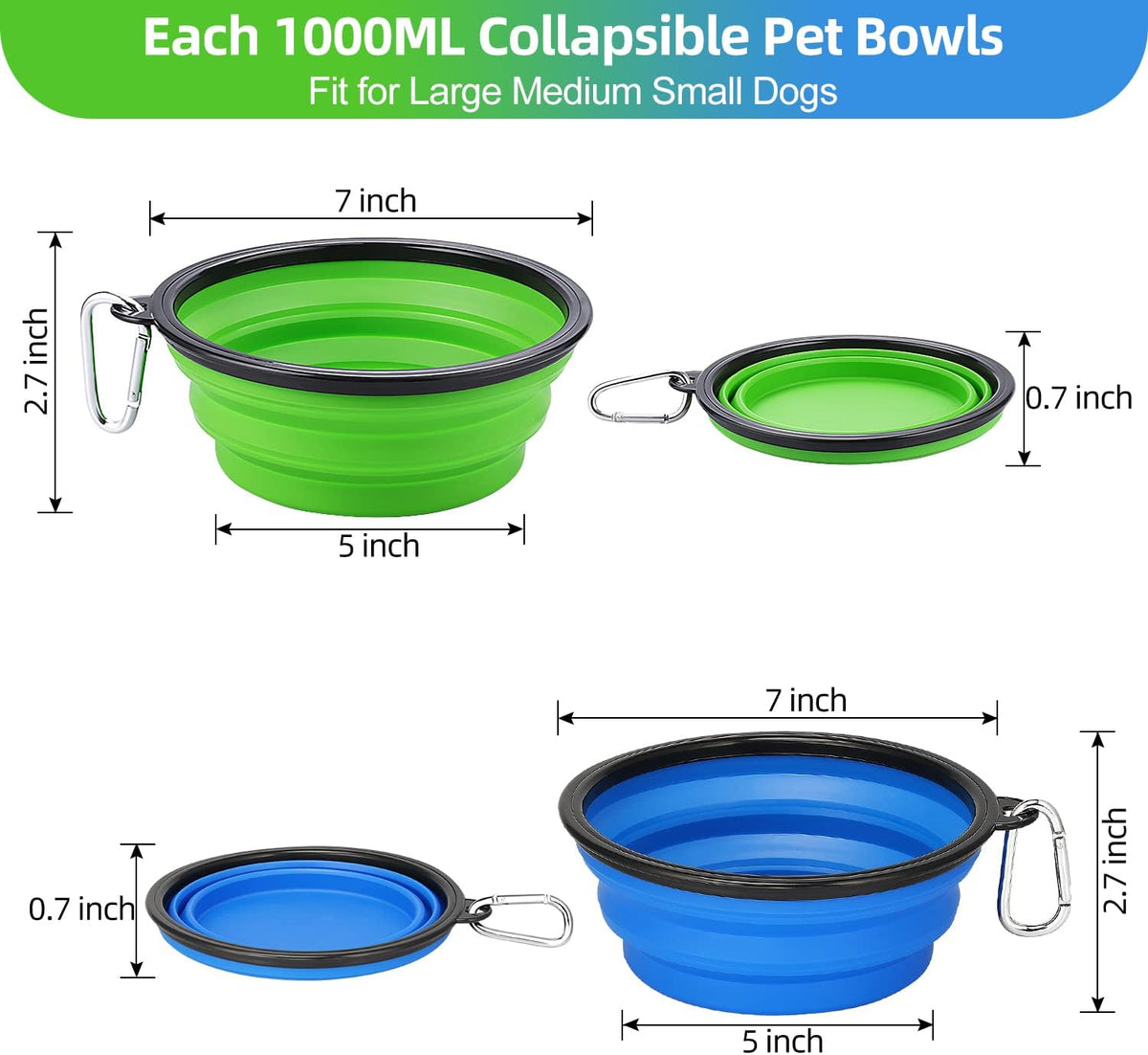 Large Collapsible Dog Bowls - 2 Pack, 34 Oz Foldable Travel Bowls for Pets