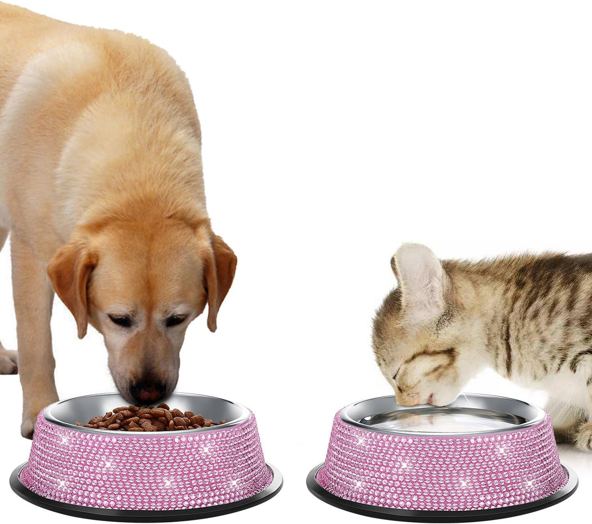 Handmade Pink Rhinestone Dog Bowls Set - 640ML Stainless Steel Double Feeder for Pets (2-Pack)