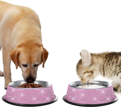 Handmade Pink Rhinestone Dog Bowls Set - 640ML Stainless Steel Double Feeder for Pets (2-Pack)
