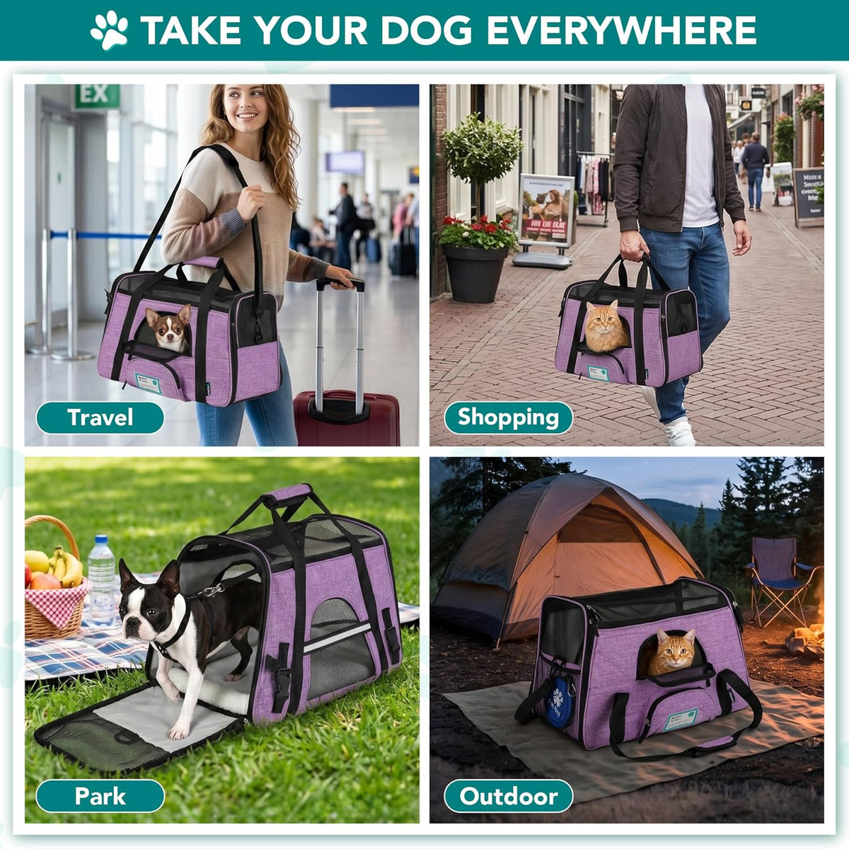 Airline-Approved Pet Carrier for Cats and Small Dogs - Large Heather Purple