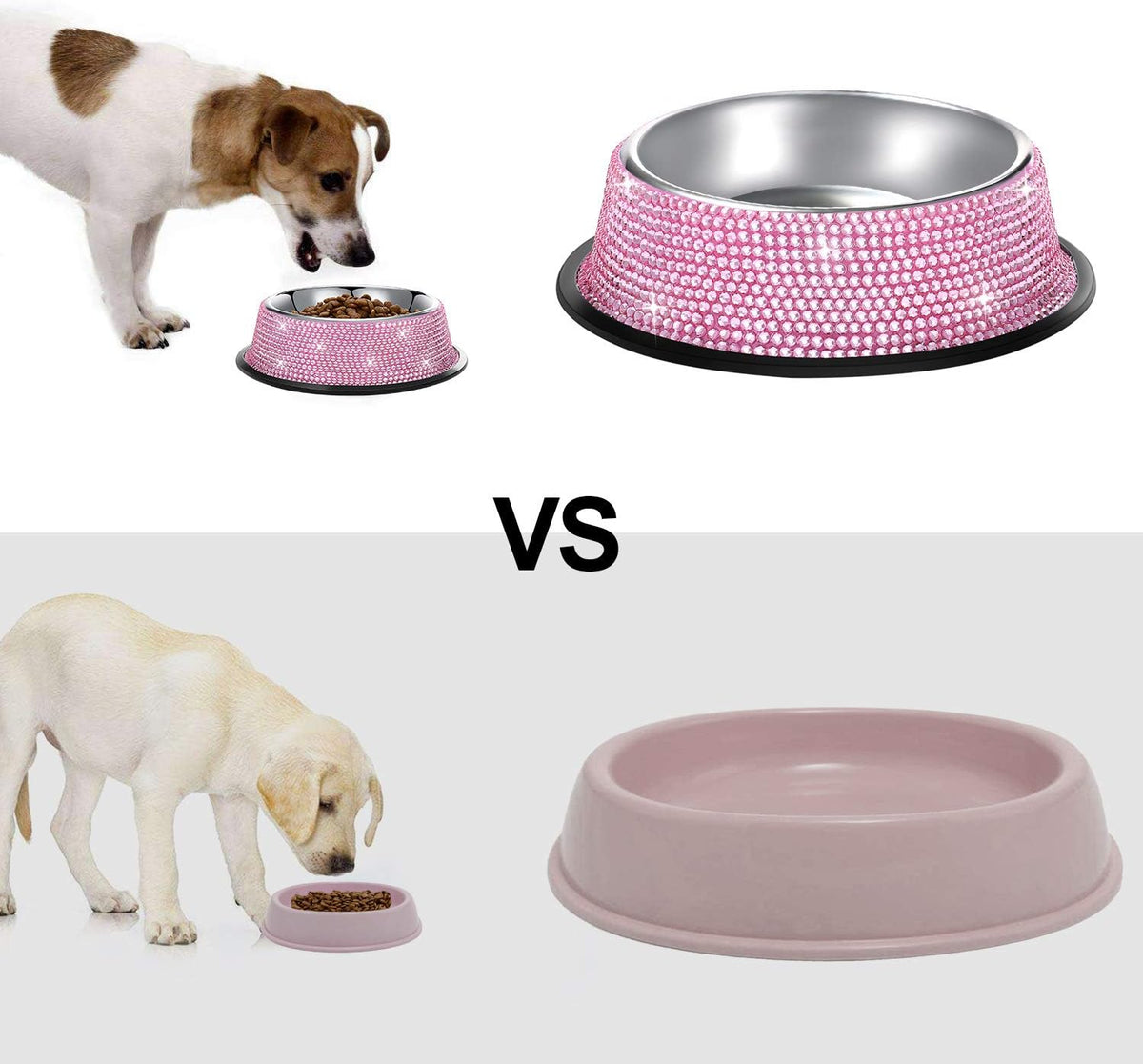 Handmade Pink Rhinestone Dog Bowls Set - 640ML Stainless Steel Double Feeder for Pets (2-Pack)