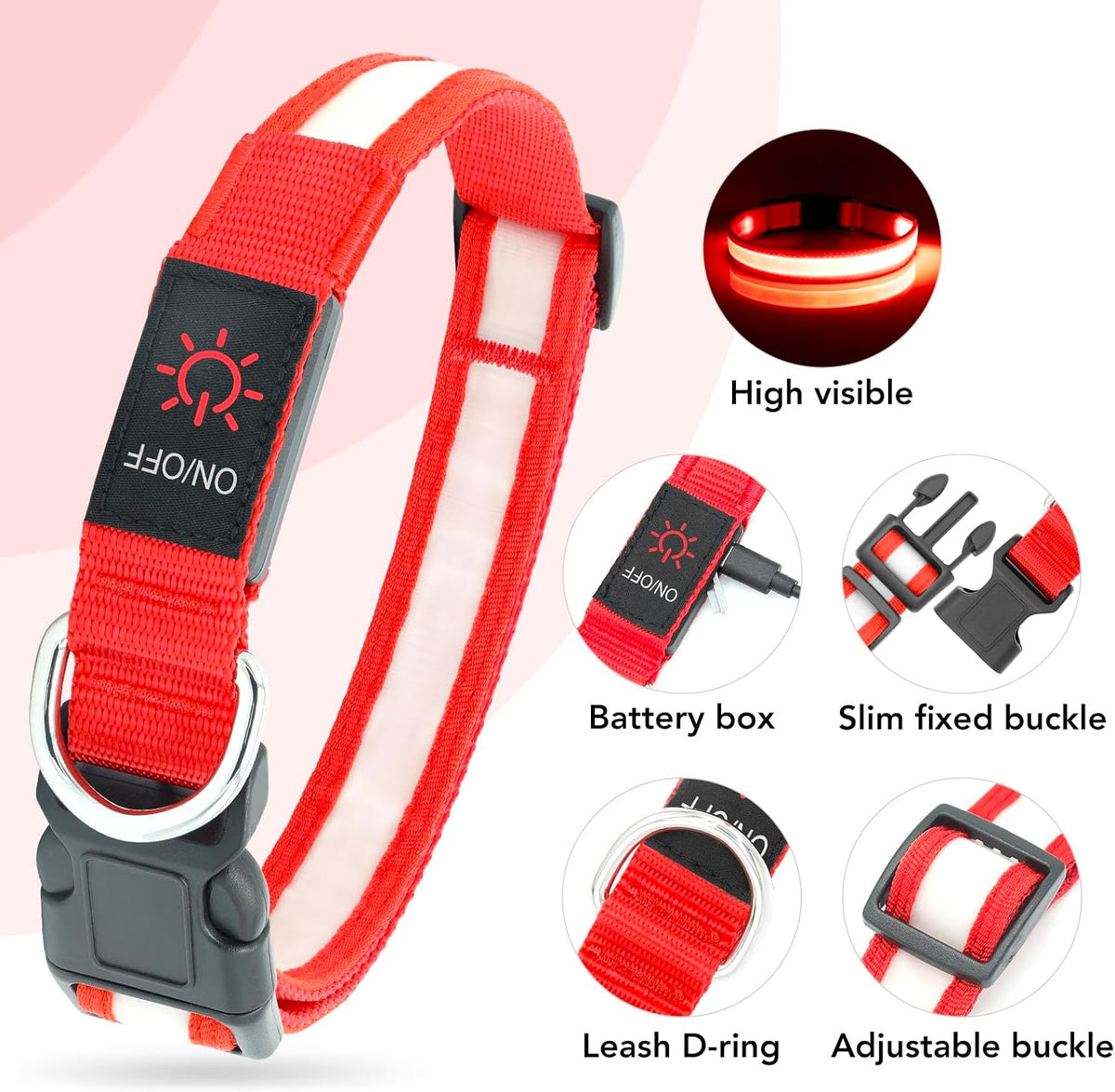 Adjustable LED Dog Collar with USB Rechargeable Super Bright Safety Light - Medium Size, Red