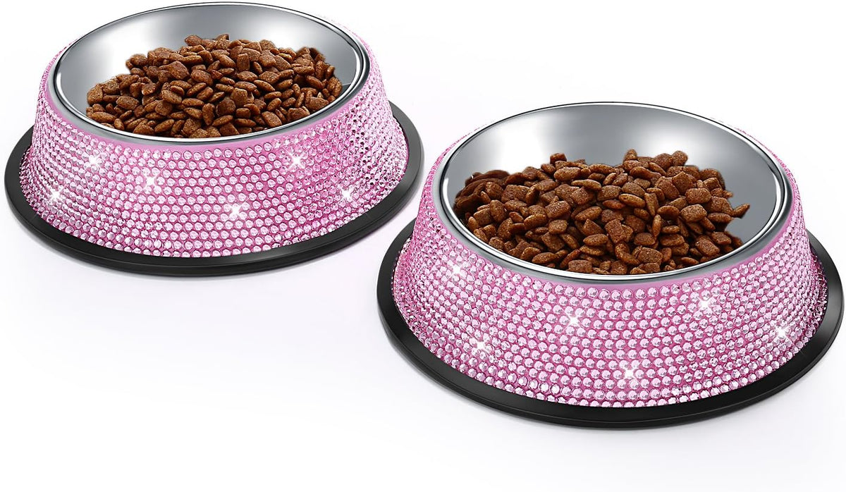 Handmade Pink Rhinestone Dog Bowls Set - 640ML Stainless Steel Double Feeder for Pets (2-Pack)