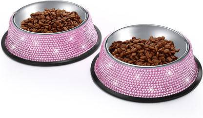 Handmade Pink Rhinestone Dog Bowls Set - 640ML Stainless Steel Double Feeder for Pets (2-Pack)