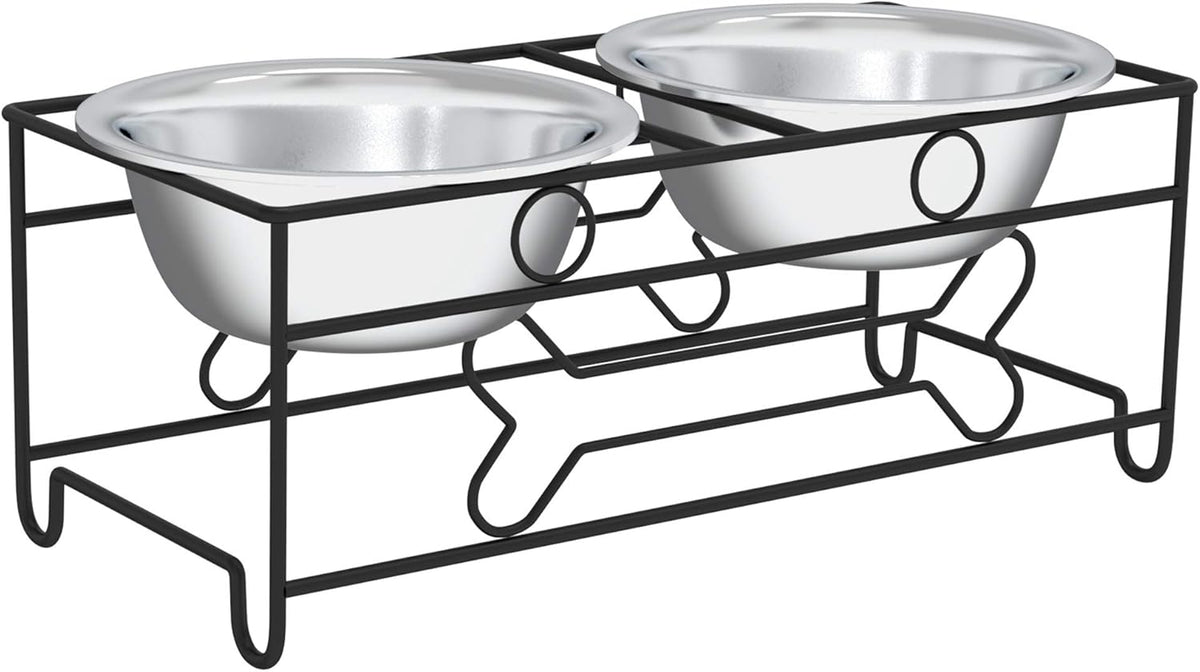 Set of 2 Stainless Steel Dog Bowls - 40 Oz Pet Bowls with Decorative Stand - Metal Food and Water Dishes for Large Dogs - Essential Puppy Accessories (Silver/Black)