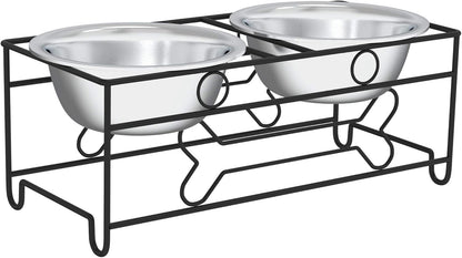 Set of 2 Stainless Steel Dog Bowls - 40 Oz Pet Bowls with Decorative Stand - Metal Food and Water Dishes for Large Dogs - Essential Puppy Accessories (Silver/Black)