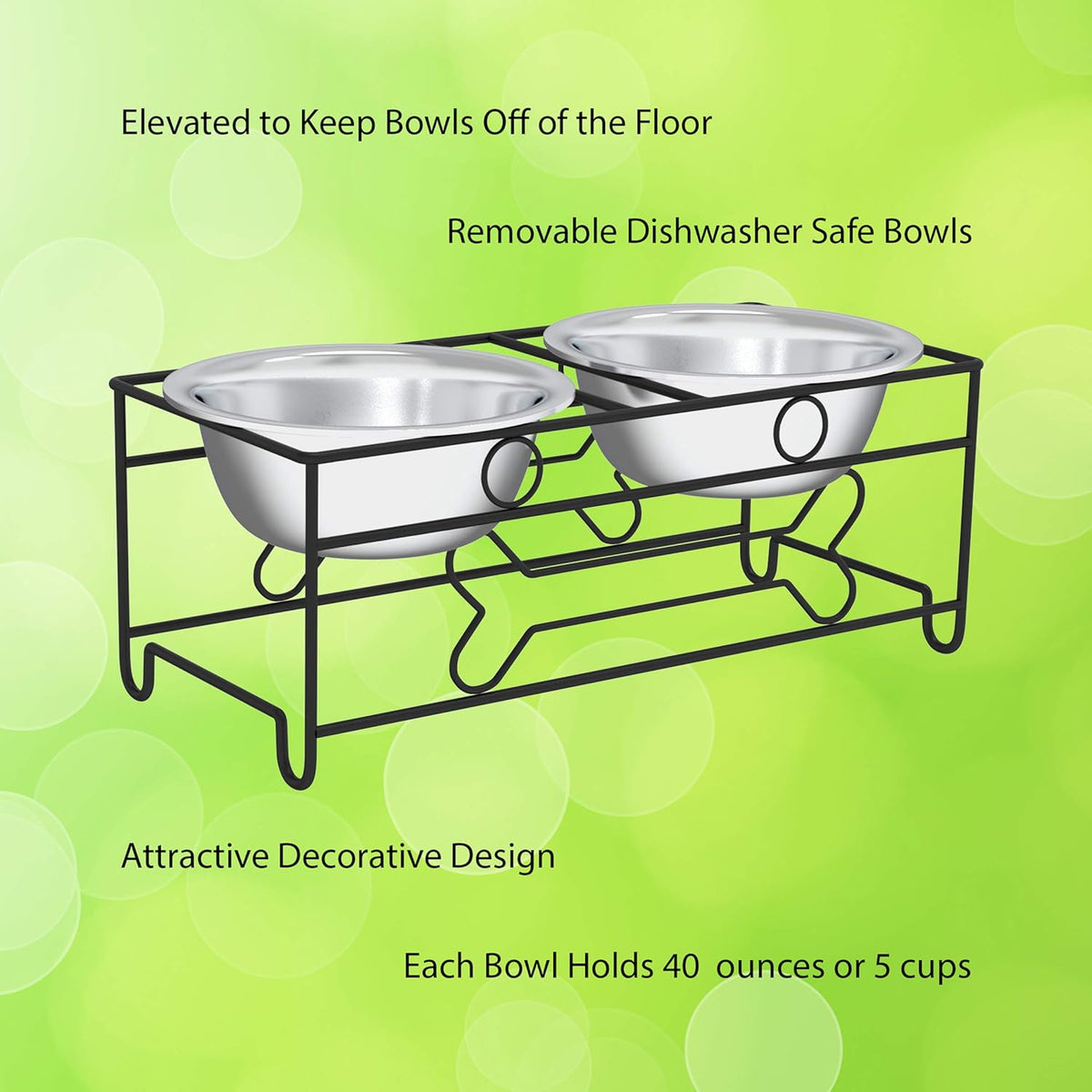Set of 2 Stainless Steel Dog Bowls - 40 Oz Pet Bowls with Decorative Stand - Metal Food and Water Dishes for Large Dogs - Essential Puppy Accessories (Silver/Black)