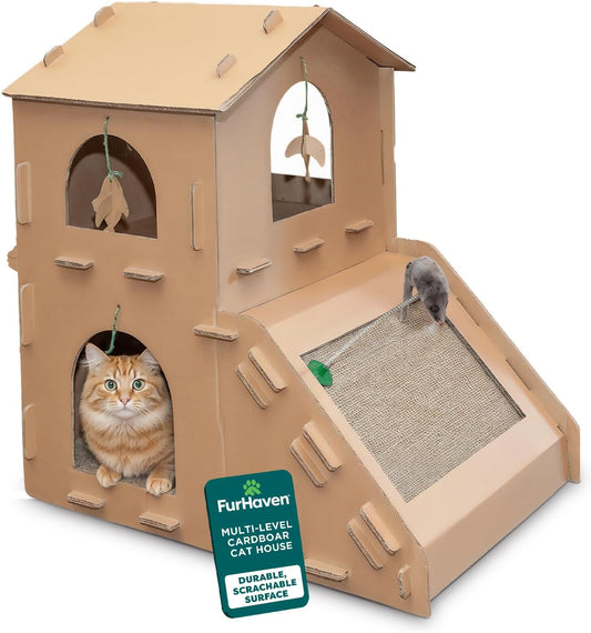 Multi-Level Cardboard Cat House for Indoor Cats with Catnip and Toys - Double-Walled Corrugated Scratcher for Lounging, Play, and Comfort - One Size - Brown