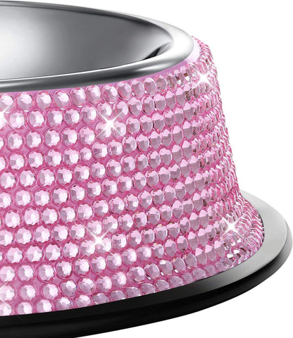 Handmade Pink Rhinestone Dog Bowls Set - 640ML Stainless Steel Double Feeder for Pets (2-Pack)