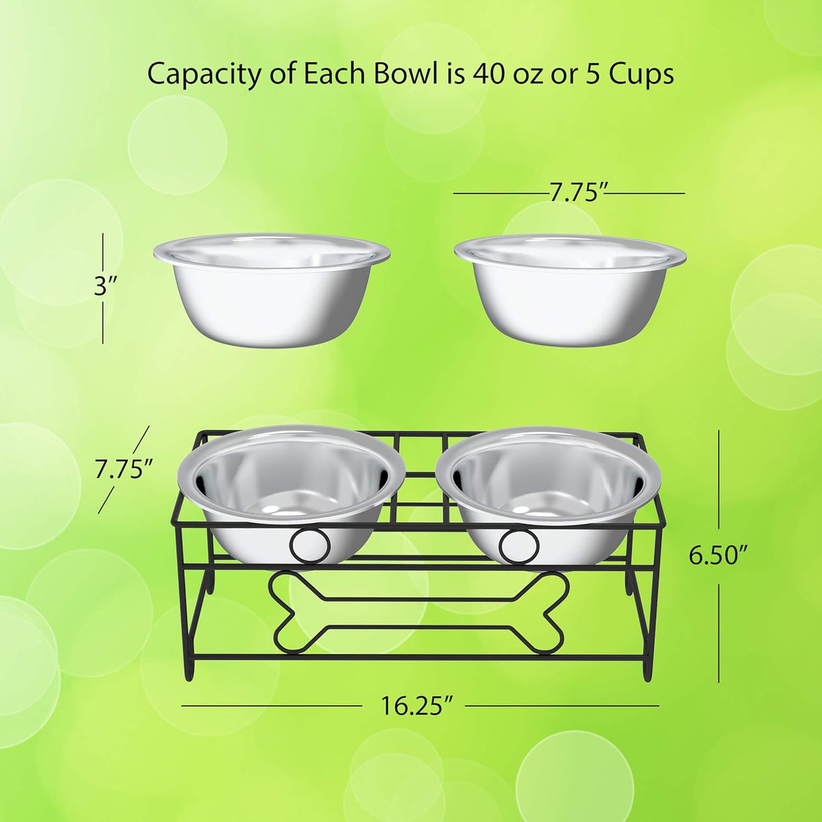 Set of 2 Stainless Steel Dog Bowls - 40 Oz Pet Bowls with Decorative Stand - Metal Food and Water Dishes for Large Dogs - Essential Puppy Accessories (Silver/Black)