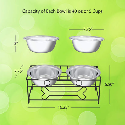 Set of 2 Stainless Steel Dog Bowls - 40 Oz Pet Bowls with Decorative Stand - Metal Food and Water Dishes for Large Dogs - Essential Puppy Accessories (Silver/Black)