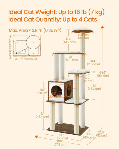 64.6-Inch Multi-Level Cat Tower with Five Scratching Posts