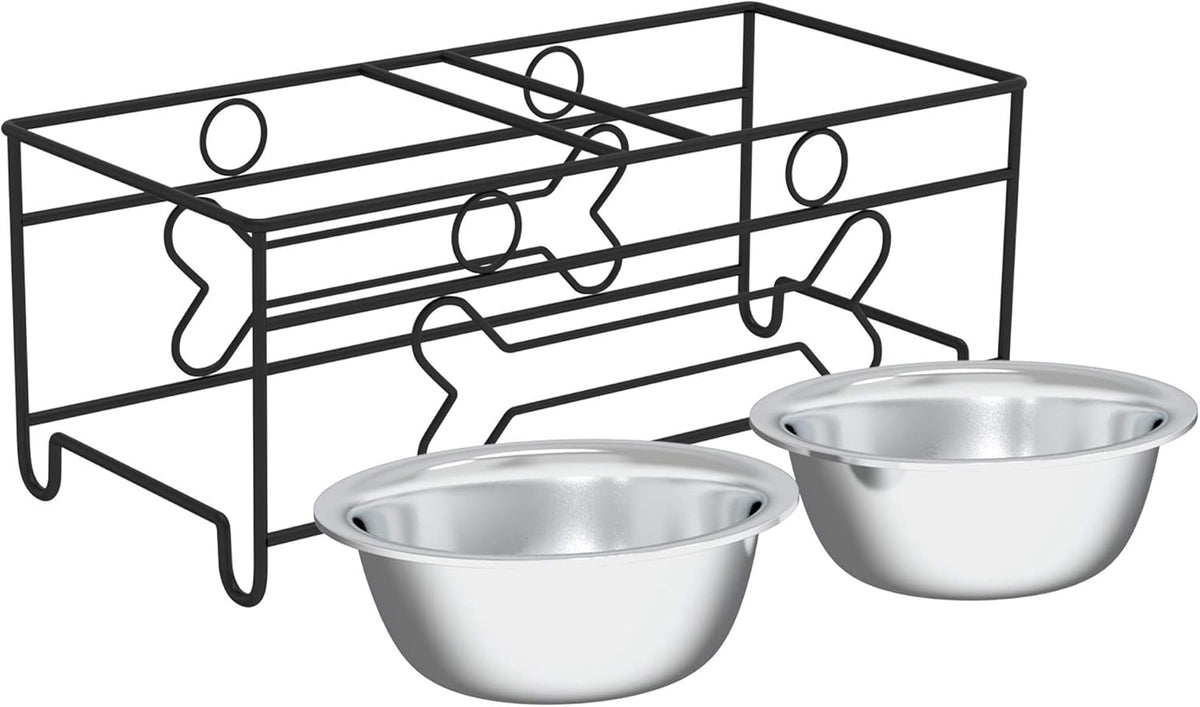 Set of 2 Stainless Steel Dog Bowls - 40 Oz Pet Bowls with Decorative Stand - Metal Food and Water Dishes for Large Dogs - Essential Puppy Accessories (Silver/Black)