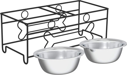 Set of 2 Stainless Steel Dog Bowls - 40 Oz Pet Bowls with Decorative Stand - Metal Food and Water Dishes for Large Dogs - Essential Puppy Accessories (Silver/Black)