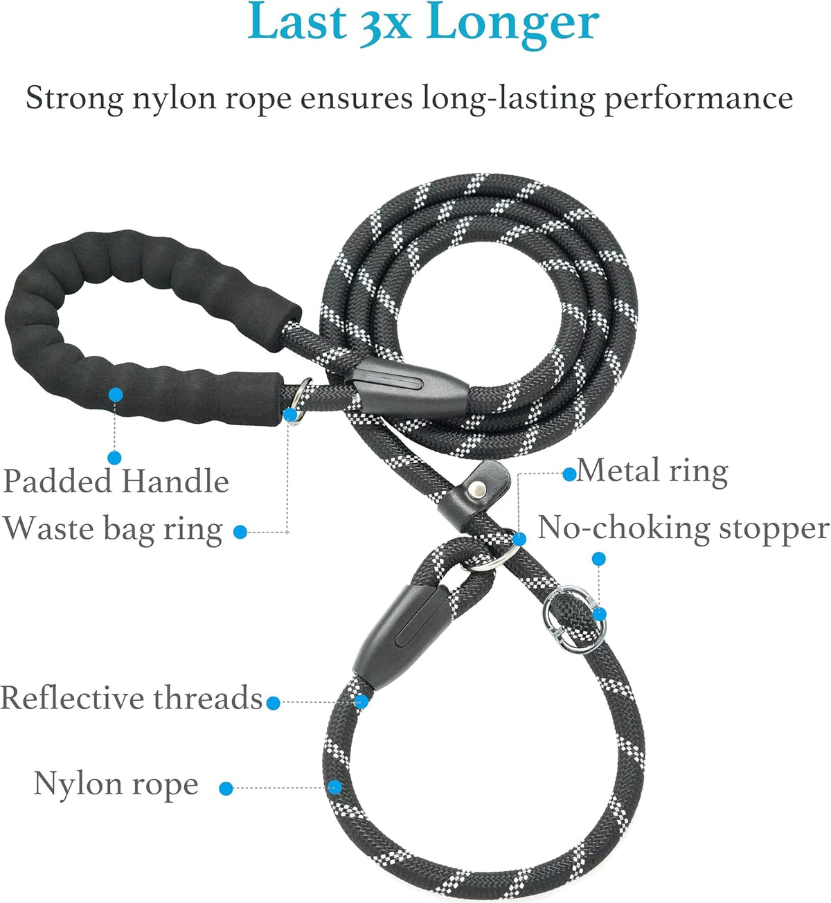 Durable Black Slip Lead Dog Leash, 1/2" x 6 ft
