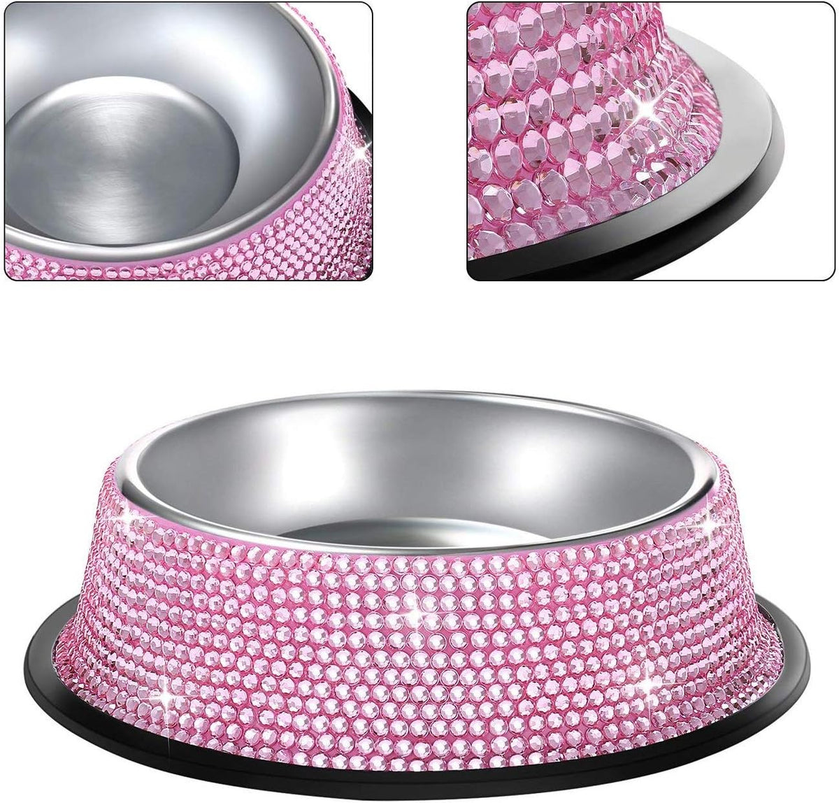 Handmade Pink Rhinestone Dog Bowls Set - 640ML Stainless Steel Double Feeder for Pets (2-Pack)