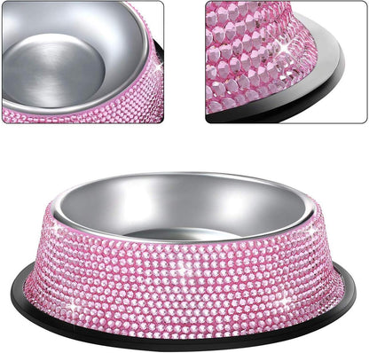 Handmade Pink Rhinestone Dog Bowls Set - 640ML Stainless Steel Double Feeder for Pets (2-Pack)