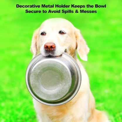 Set of 2 Stainless Steel Dog Bowls - 40 Oz Pet Bowls with Decorative Stand - Metal Food and Water Dishes for Large Dogs - Essential Puppy Accessories (Silver/Black)