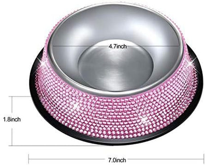 Handmade Pink Rhinestone Dog Bowls Set - 640ML Stainless Steel Double Feeder for Pets (2-Pack)