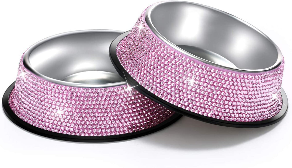 Handmade Pink Rhinestone Dog Bowls Set - 640ML Stainless Steel Double Feeder for Pets (2-Pack)