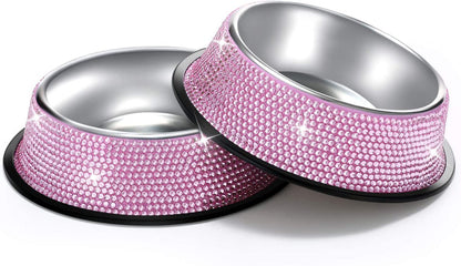 Handmade Pink Rhinestone Dog Bowls Set - 640ML Stainless Steel Double Feeder for Pets (2-Pack)