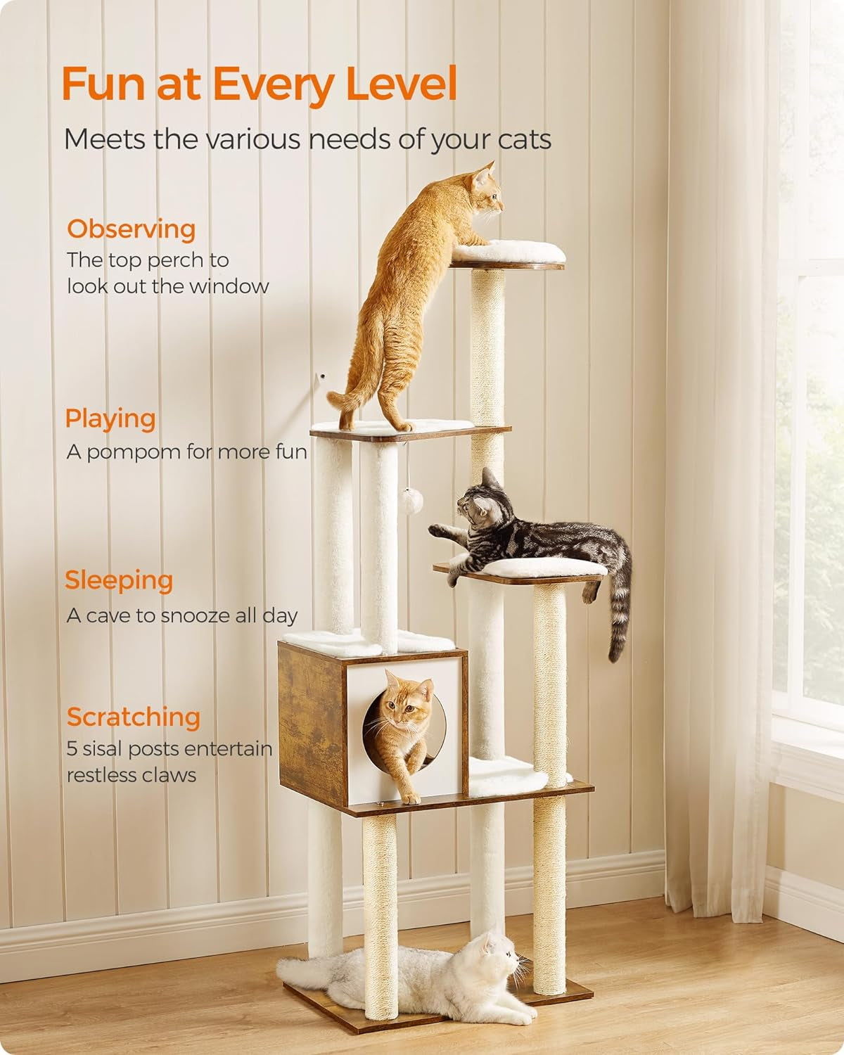 64.6-Inch Multi-Level Cat Tower with Five Scratching Posts