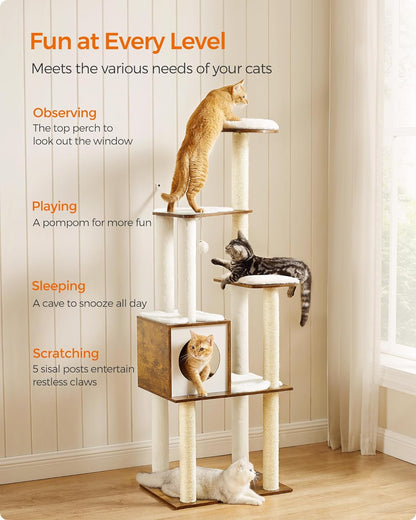 64.6-Inch Multi-Level Cat Tower with Five Scratching Posts